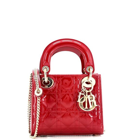 Christian Dior Lady Dior Chain Bag Cannage Quilt Patent Mini Red - Picture 1 of 7